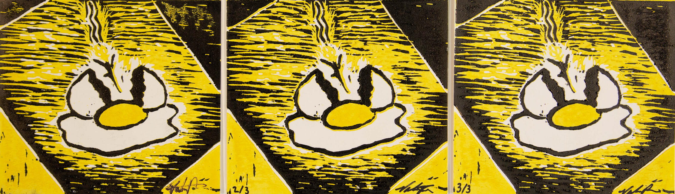 Egg Mourning, 2021, 5x5.5, Oil ink block print triptych