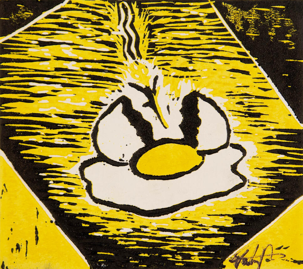 Solo of Egg Mourning, 2021, 5x5.5, Oil ink block print triptych